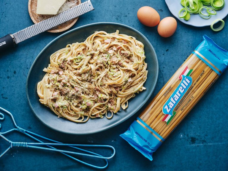 Leek and Pancetta Carbonara Zafarelli Pasta