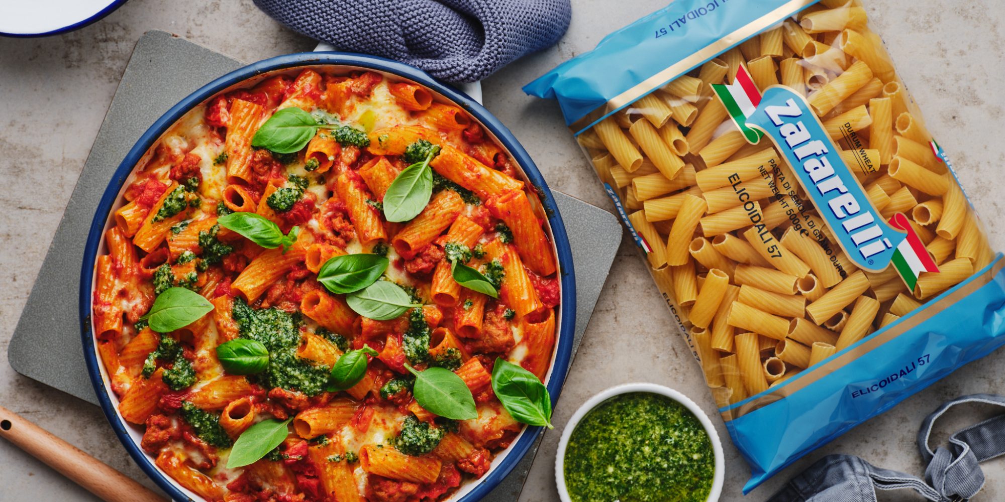 Elicoidali, Spicy Sausage & Pesto Bake