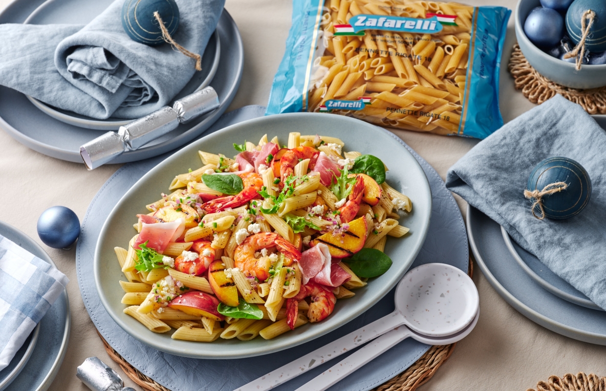 Penne Rigati, Grilled Peach, Prawn & Prosciutto Salad