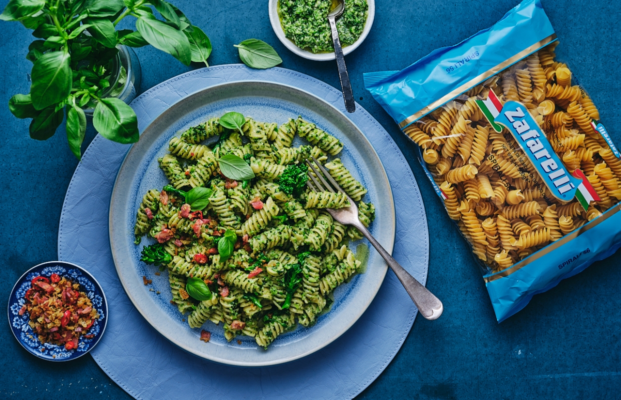 Spirali with Broccoli Pesto and Pancetta & Chilli Crumb