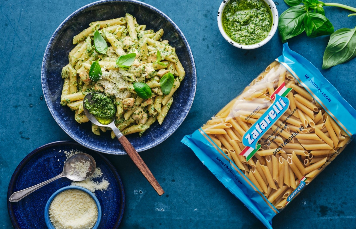 Creamy Pesto Chicken Mostaccioli